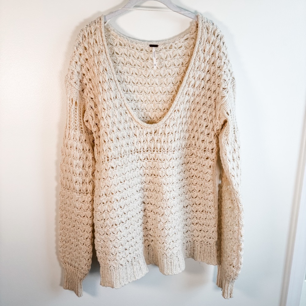 Free People Crashing Waves Wool Blend Pullover Cream Knit Sweater - Picture 14 of 16